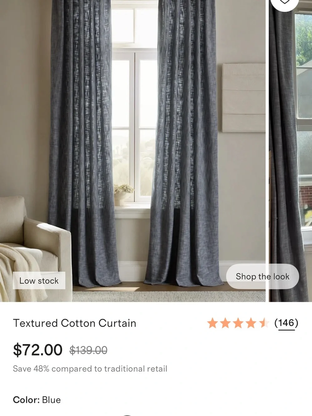 Quince! Textured Cotton Curtain Panel in Blue. 48”x108”